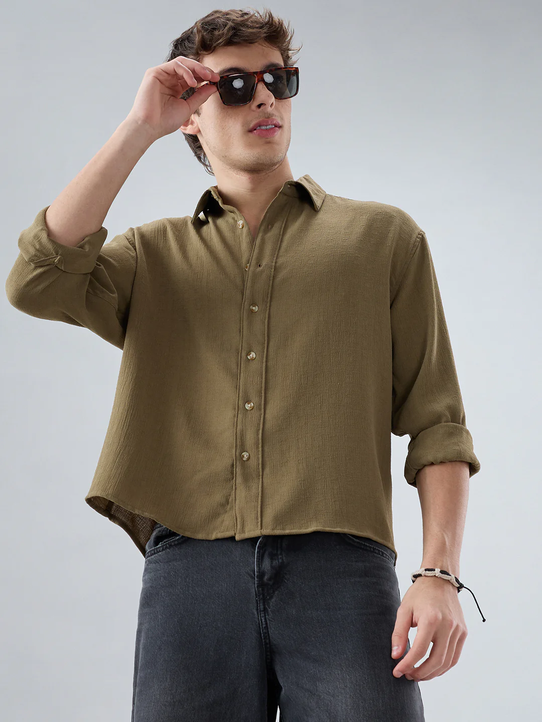 Pickle Olive Textured Boxy Fit Crop Shirt - Image 4