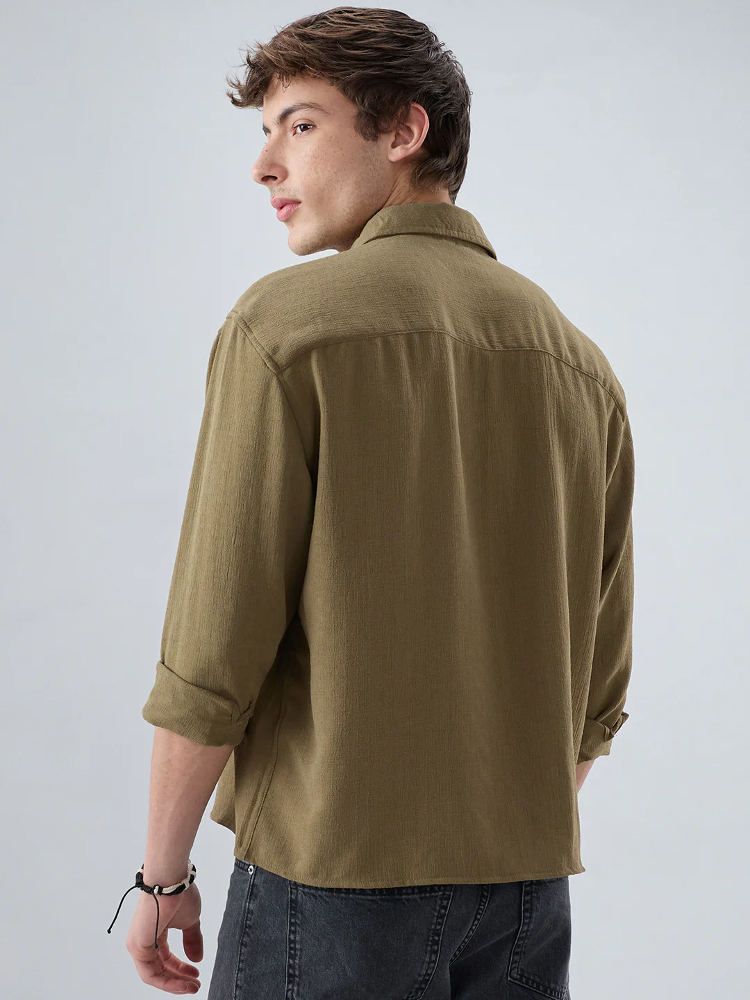 Pickle Olive Textured Boxy Fit Crop Shirt - Image 7