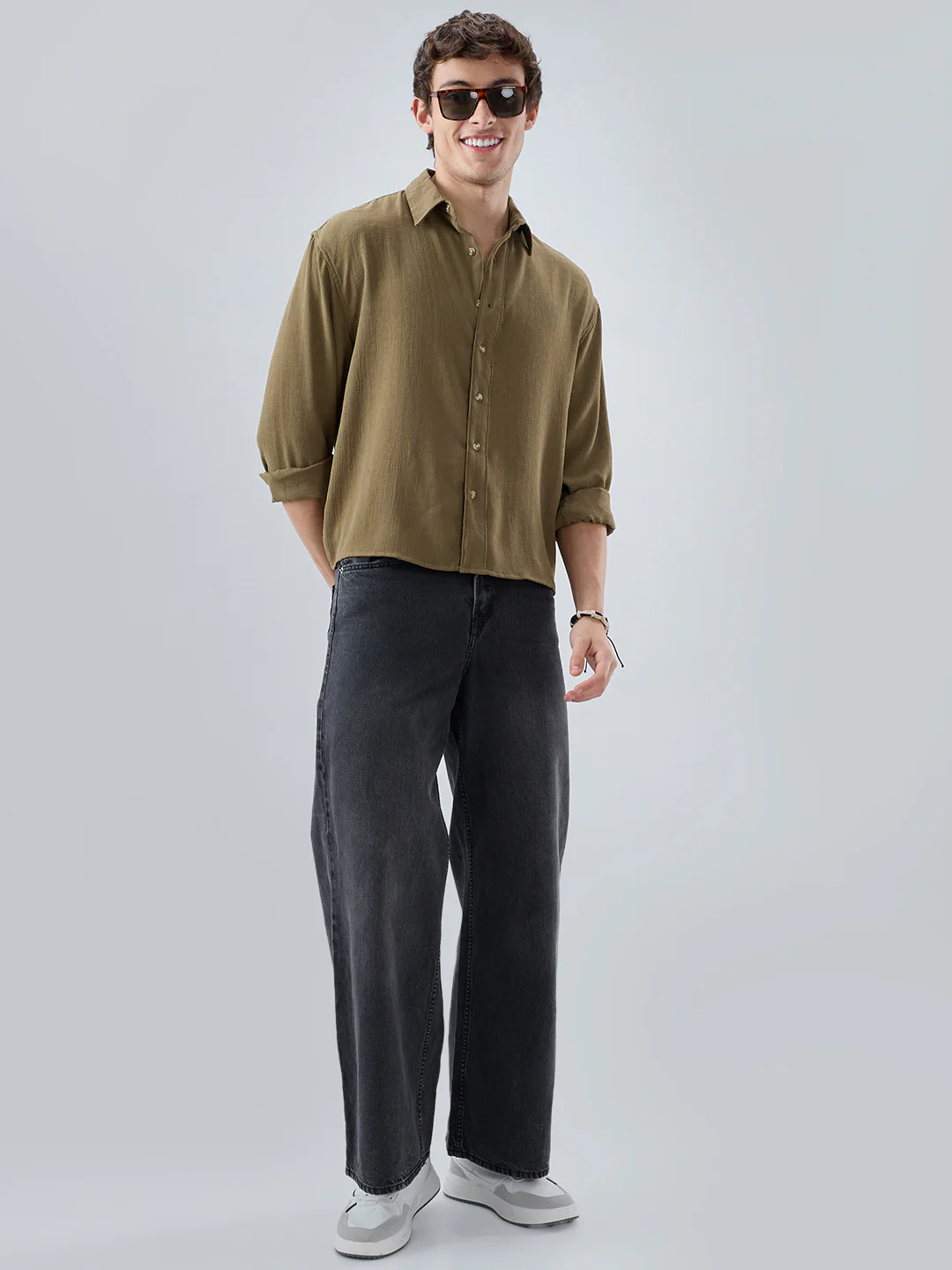 Pickle Olive Textured Boxy Fit Crop Shirt - Image 8