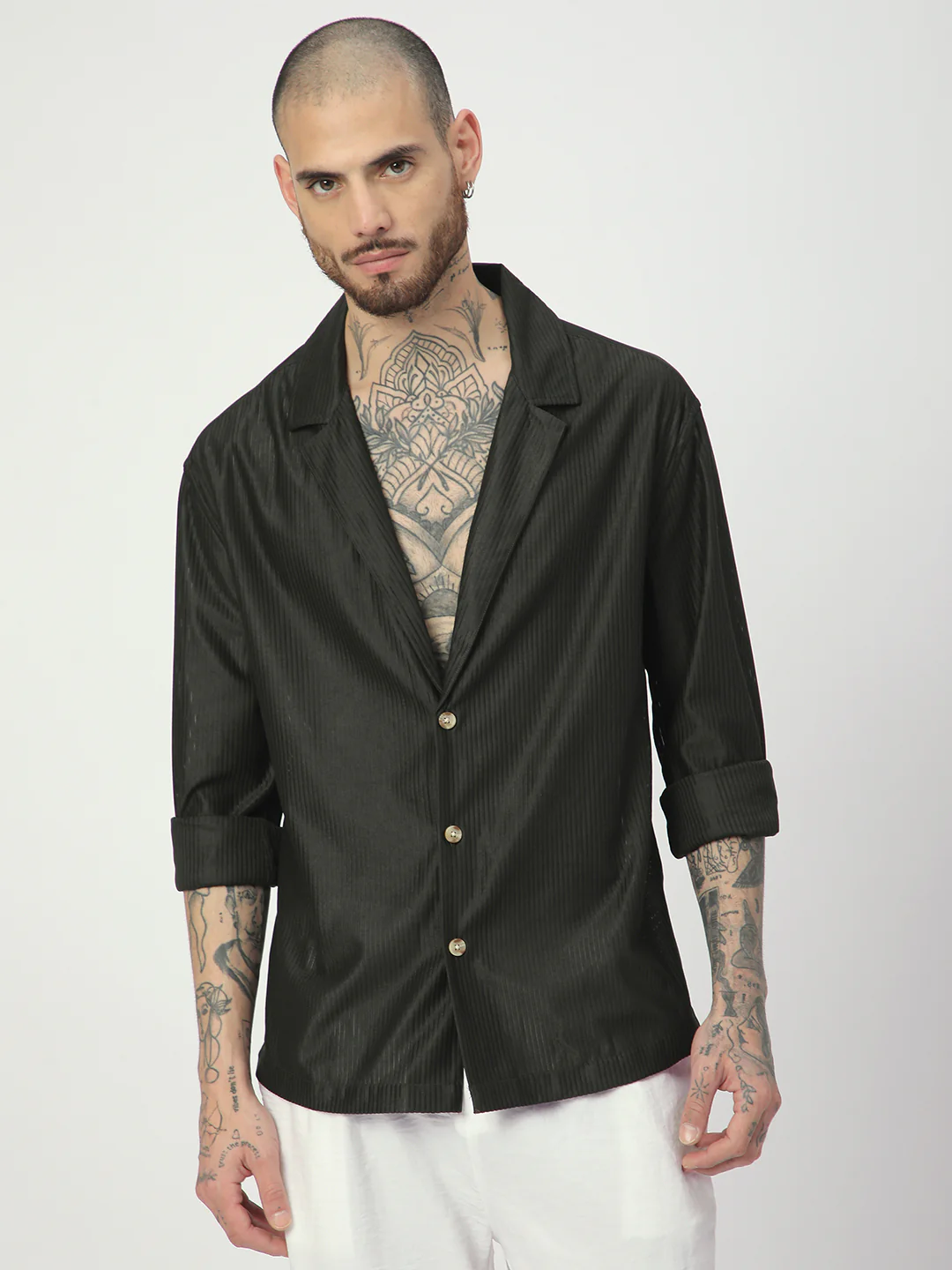 Pine Green Ribbed Oversized Notched Lapel Collar Shirt - Image 4