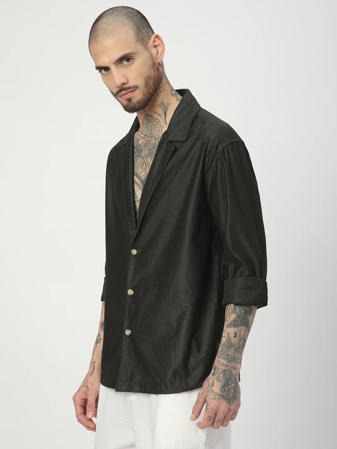 Pine Green Ribbed Oversized Notched Lapel Collar Shirt - Image 5