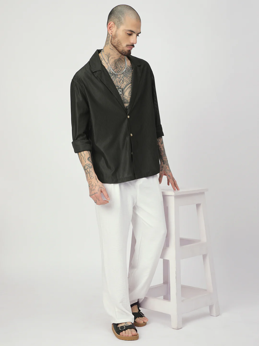 Pine Green Ribbed Oversized Notched Lapel Collar Shirt - Image 7
