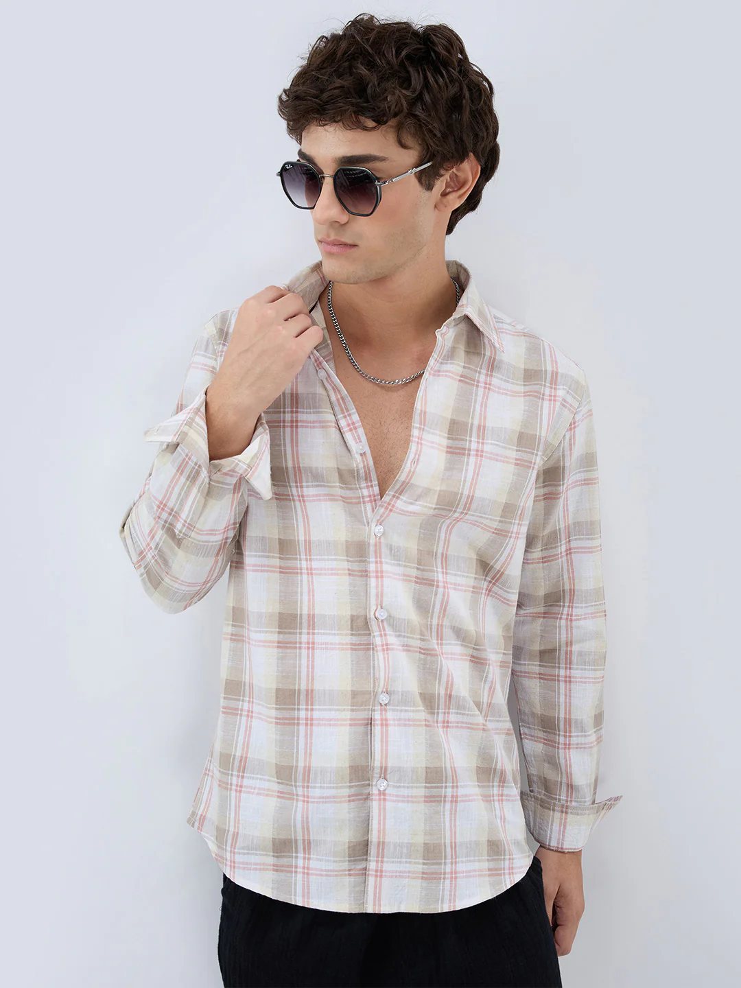 Pink & Brown Fine Weave Plaid Linen Blend Checks Shirt - Image 2
