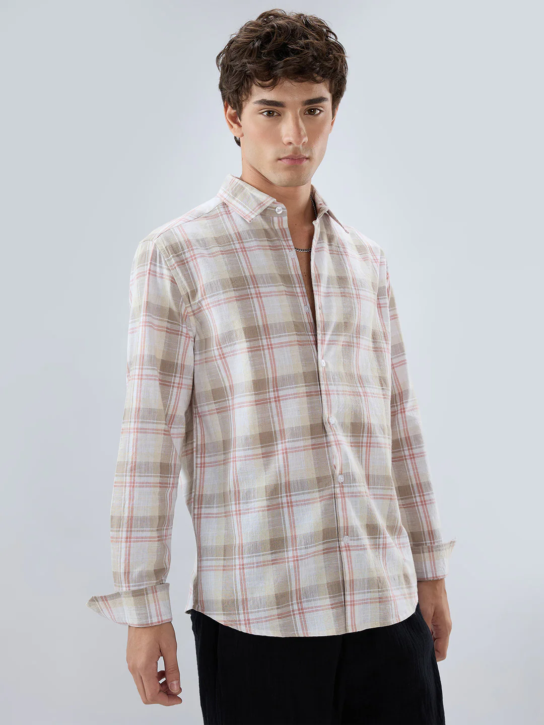Pink & Brown Fine Weave Plaid Linen Blend Checks Shirt - Image 6