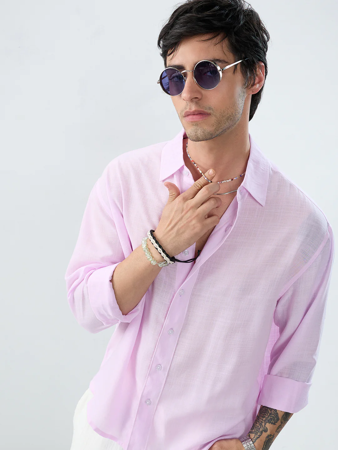 Pink Pearl Slub Textured Boxy Fit Crop Shirt - Image 2