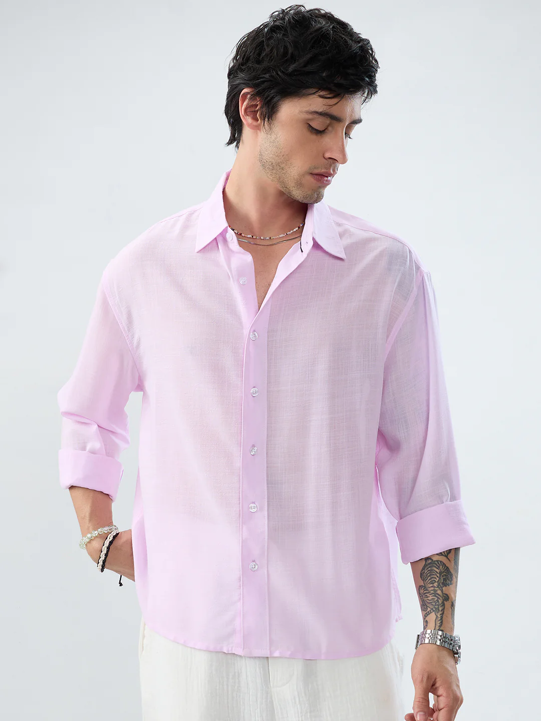 Pink Pearl Slub Textured Boxy Fit Crop Shirt - Image 5