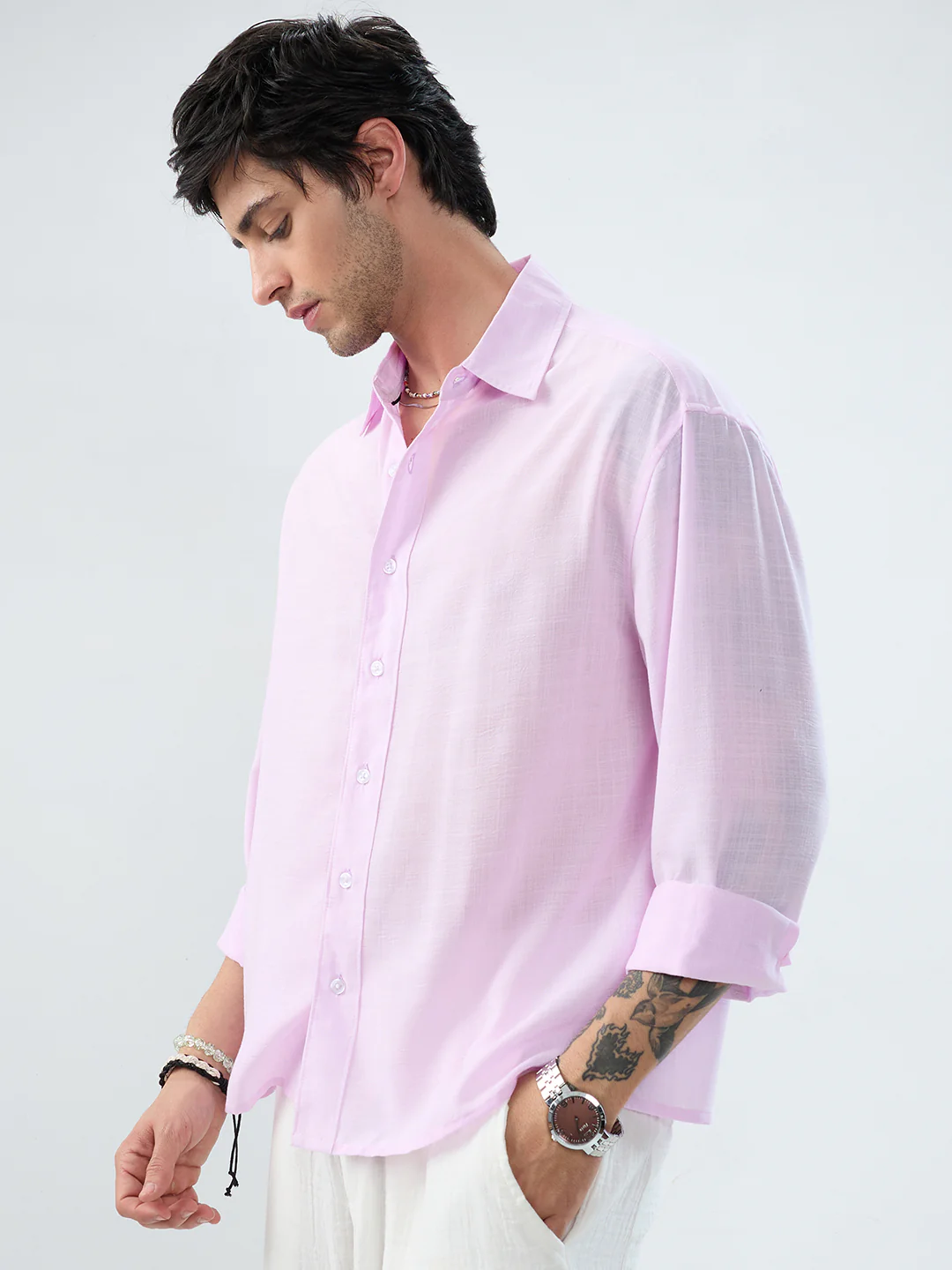 Pink Pearl Slub Textured Boxy Fit Crop Shirt - Image 6