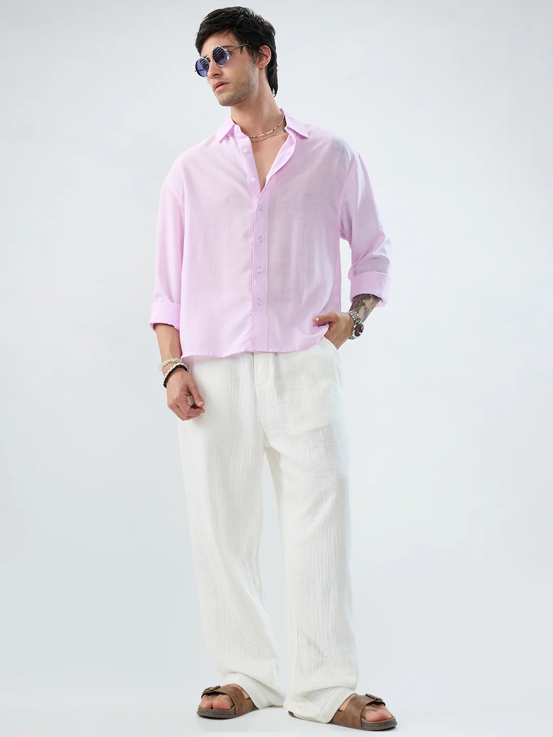 Pink Pearl Slub Textured Boxy Fit Crop Shirt - Image 8