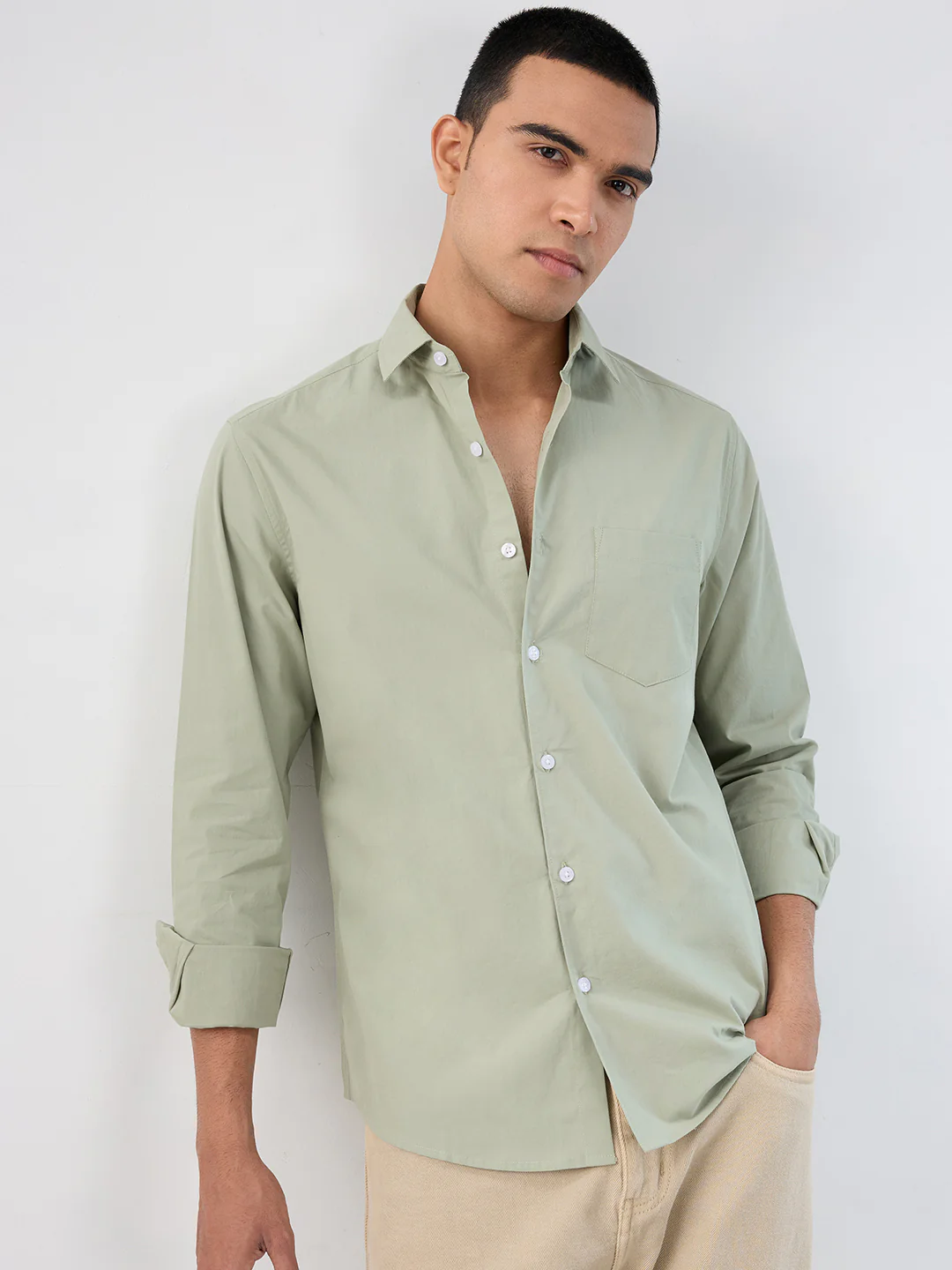 Plush Asparagus Green Peach Finish Poplin Shirt - Image 2