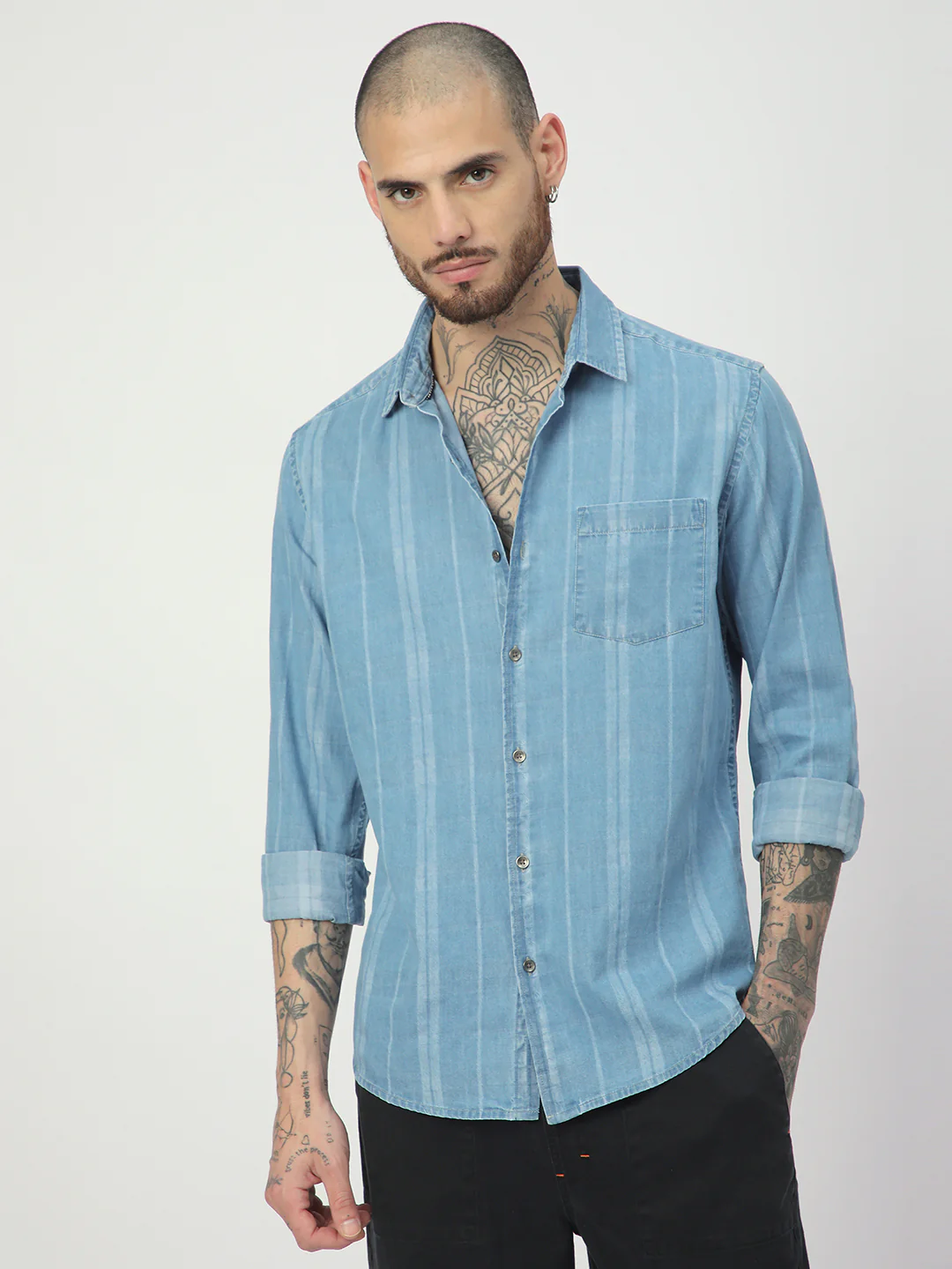 Plush Denim Vertical Stripe Shirt - Image 4
