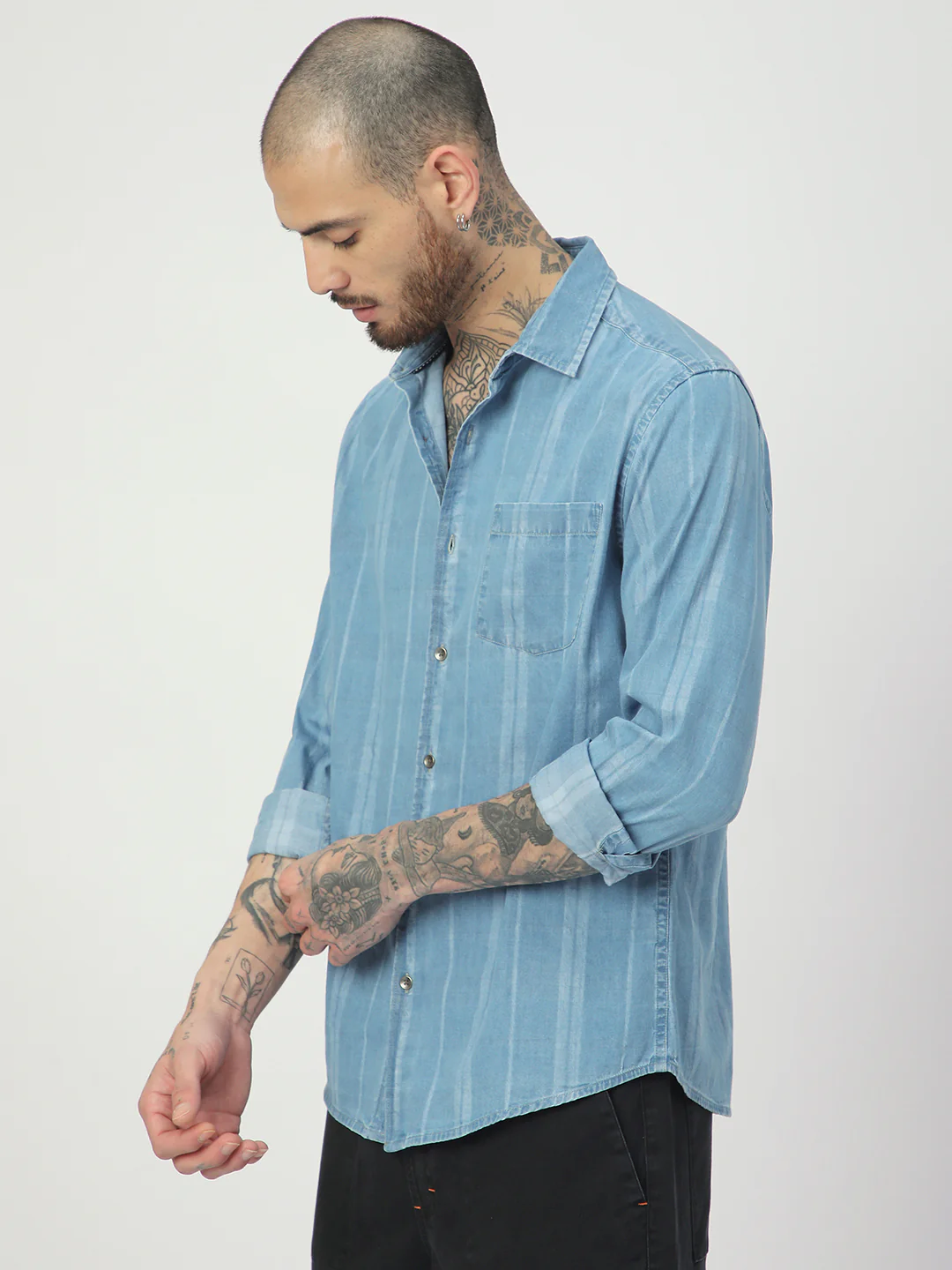 Plush Denim Vertical Stripe Shirt - Image 5