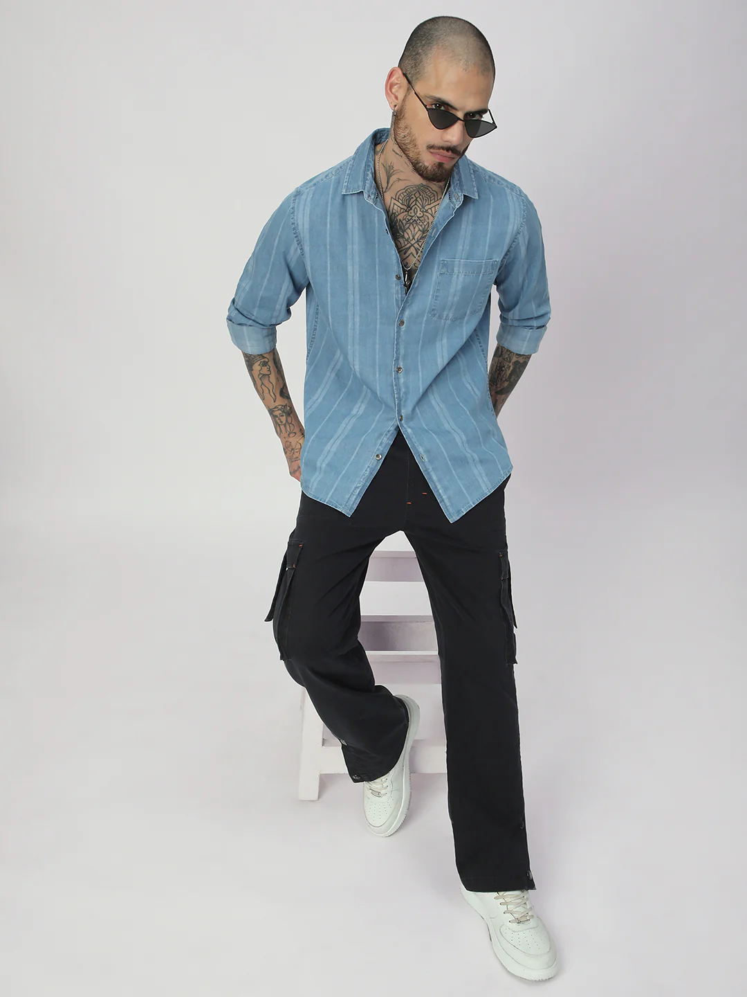 Plush Denim Vertical Stripe Shirt - Image 7