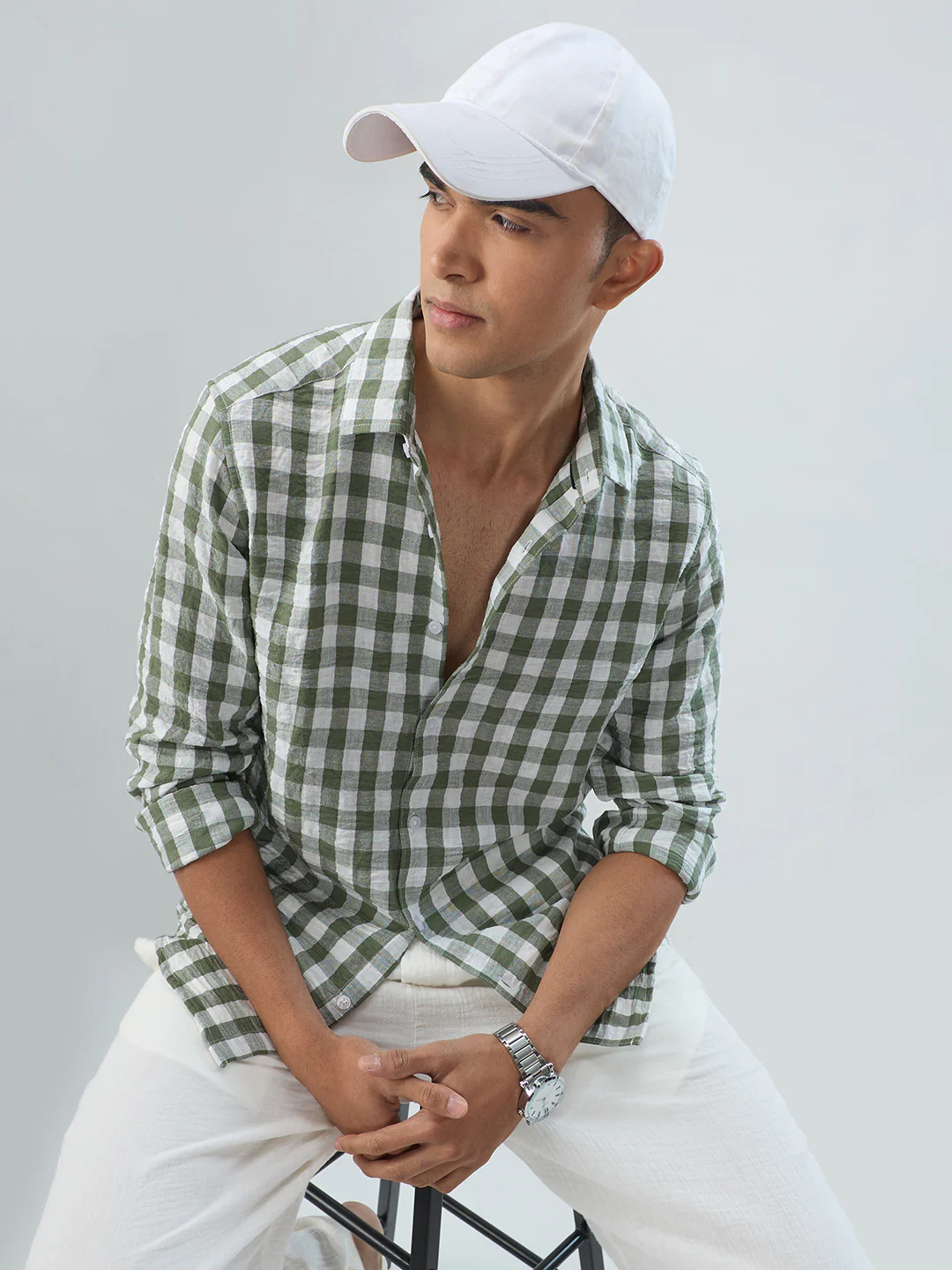 Plush Forest Green & White Gingham Checks Crinkled Shirt - Image 2