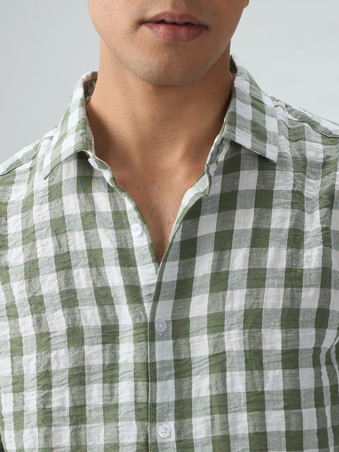 Plush Forest Green & White Gingham Checks Crinkled Shirt - Image 3