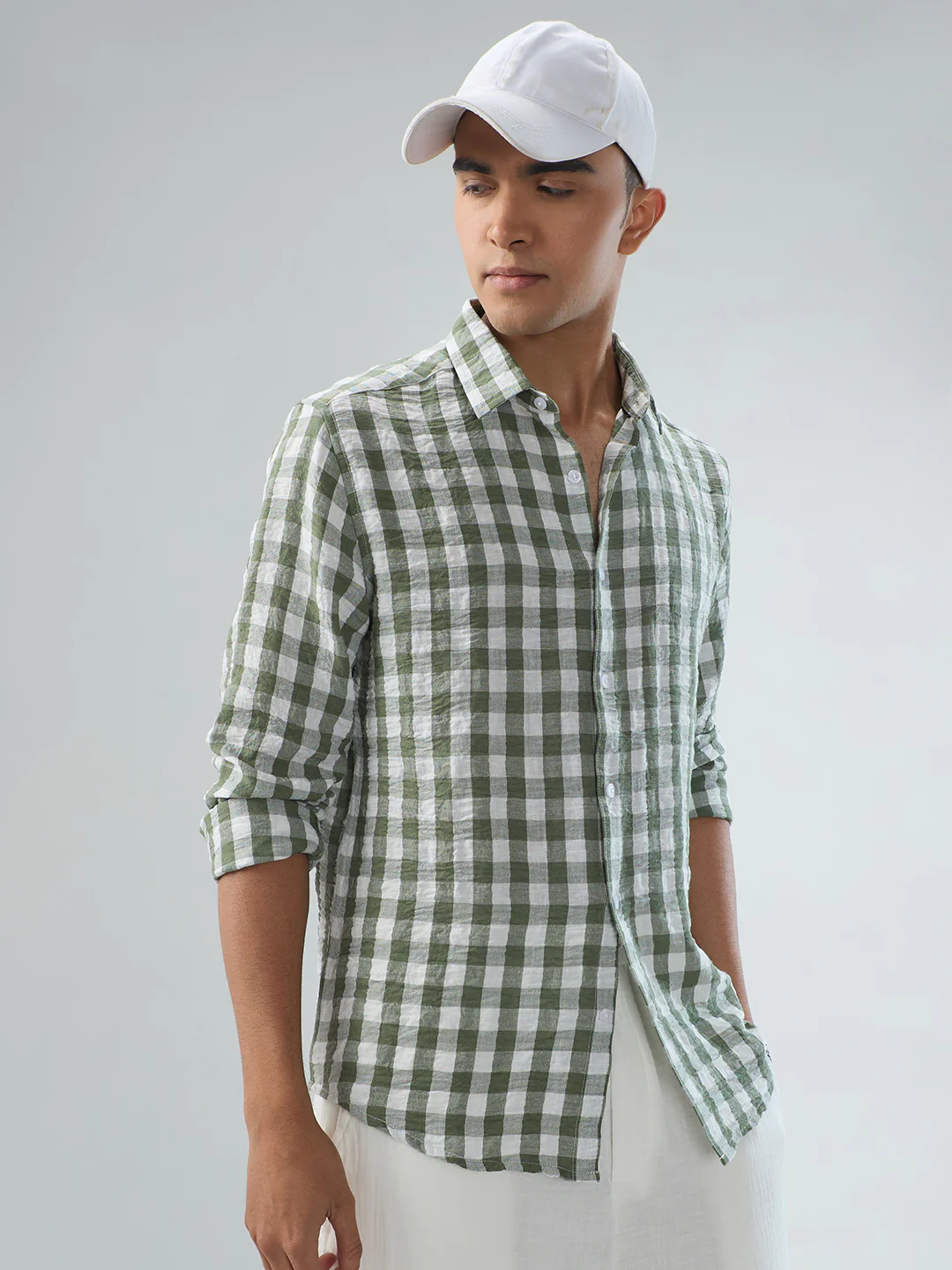Plush Forest Green & White Gingham Checks Crinkled Shirt - Image 4