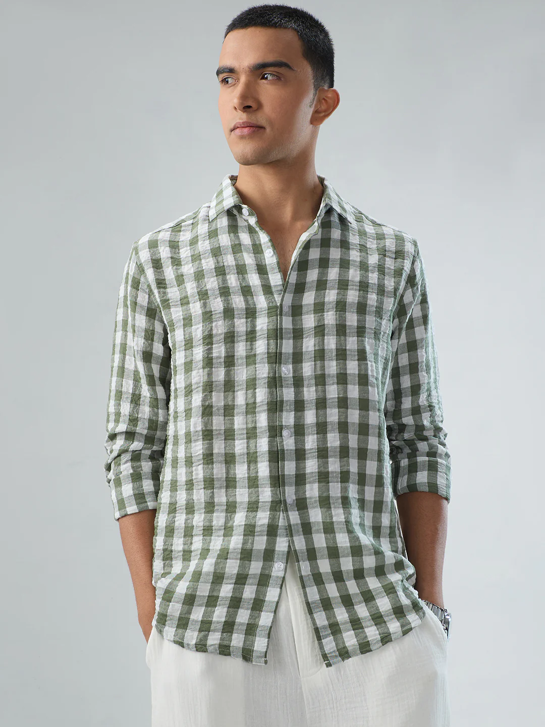 Plush Forest Green & White Gingham Checks Crinkled Shirt - Image 5