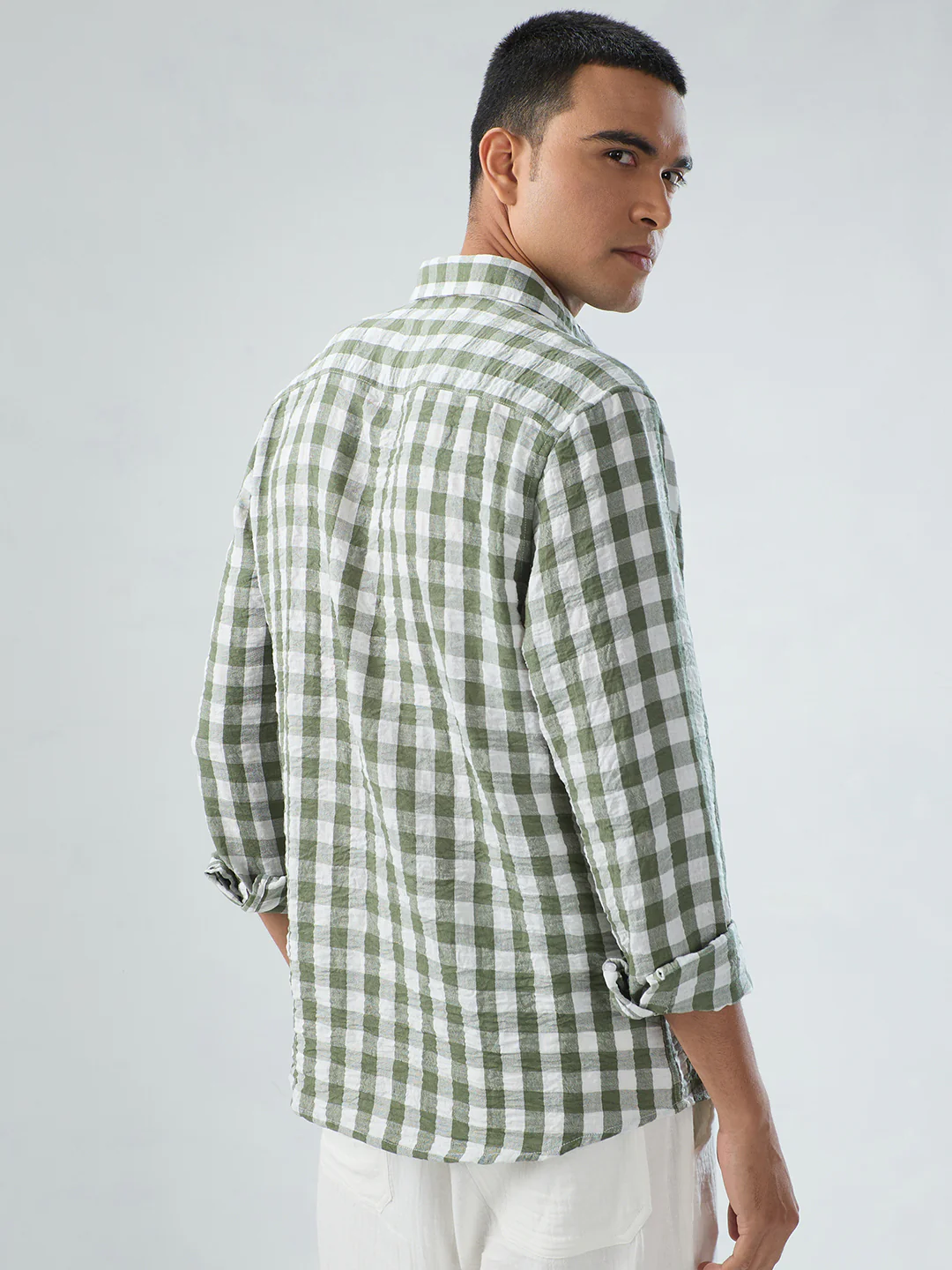 Plush Forest Green & White Gingham Checks Crinkled Shirt - Image 7
