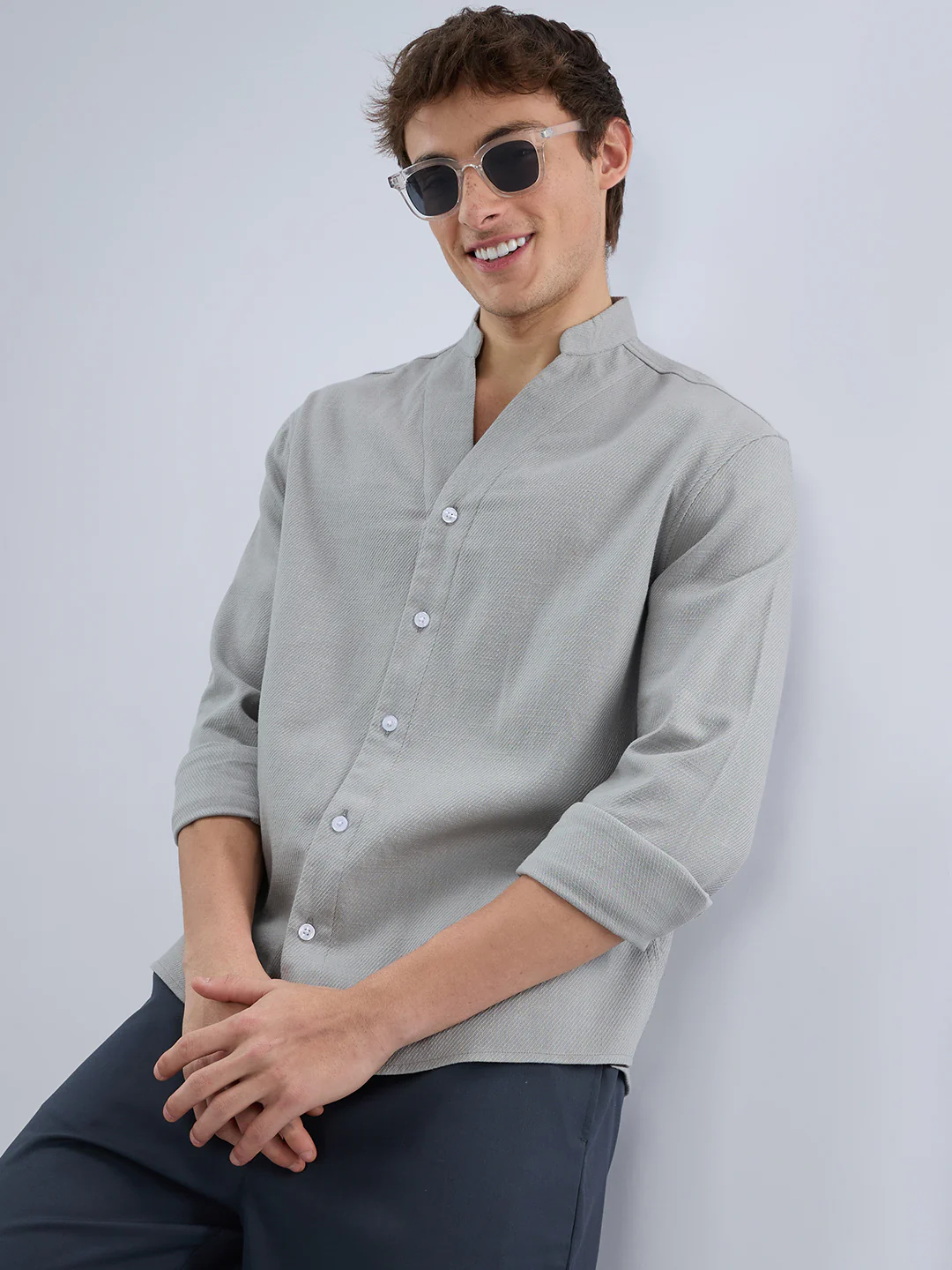 Plush Grey Diagonal Textured Stand Collar Oversized Shirt - Image 2
