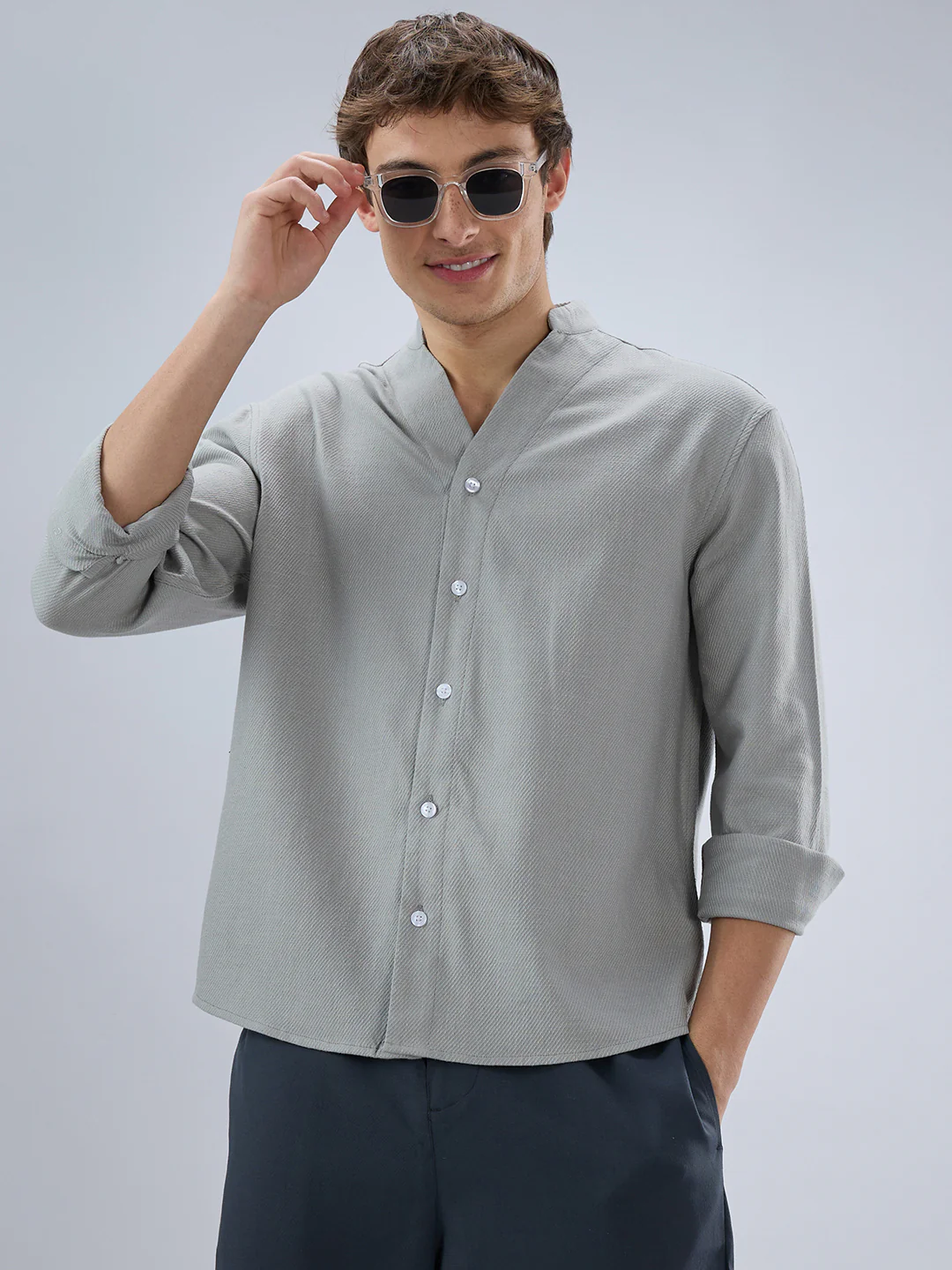 Plush Grey Diagonal Textured Stand Collar Oversized Shirt - Image 4