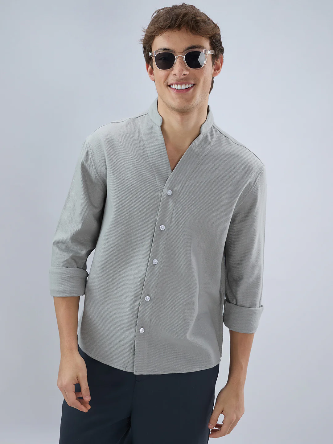 Plush Grey Diagonal Textured Stand Collar Oversized Shirt - Image 5