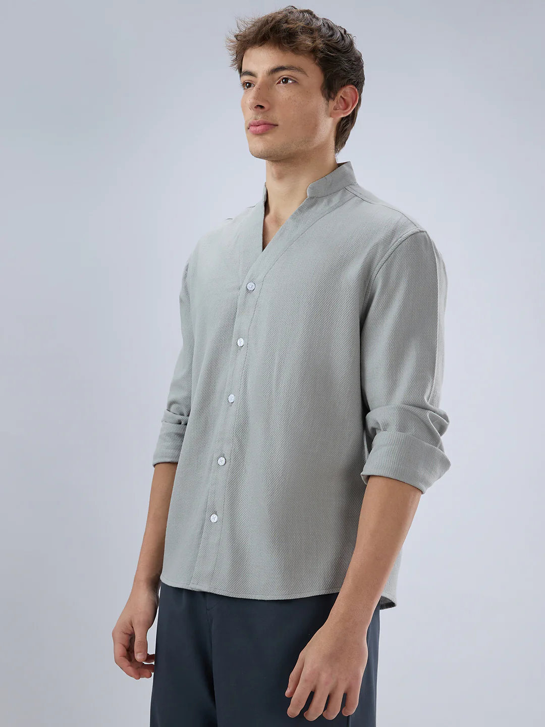 Plush Grey Diagonal Textured Stand Collar Oversized Shirt - Image 6