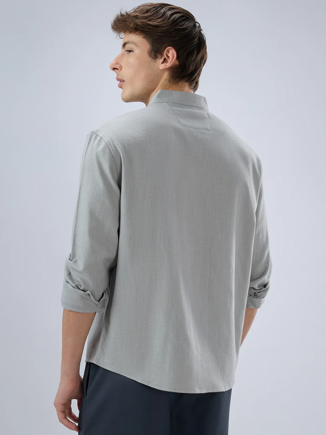 Plush Grey Diagonal Textured Stand Collar Oversized Shirt - Image 7