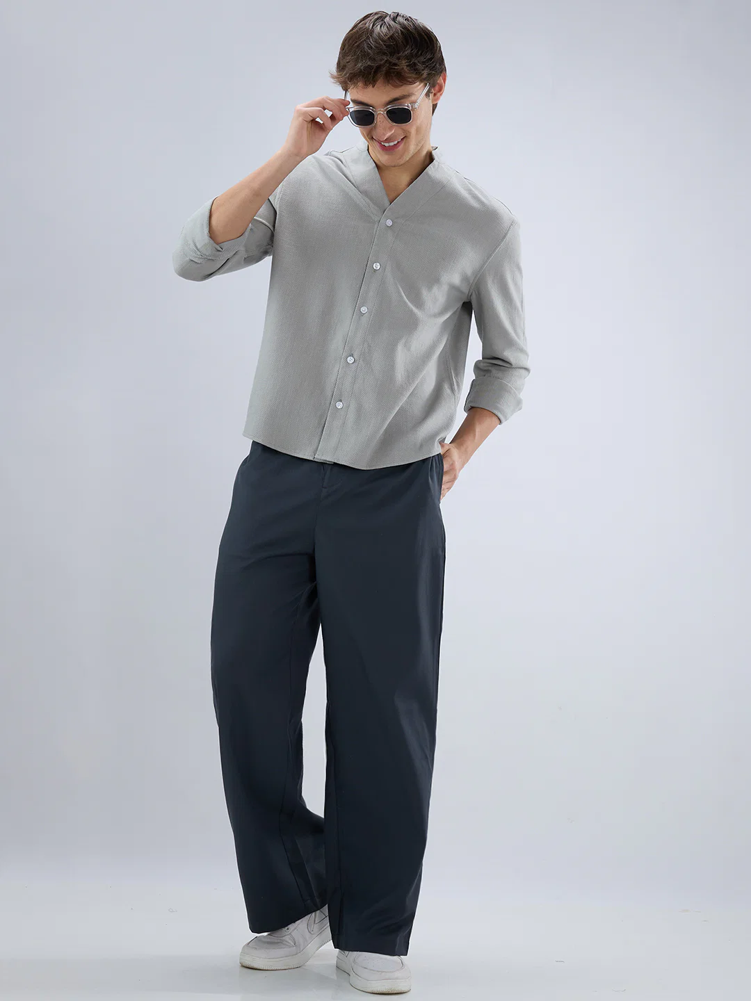 Plush Grey Diagonal Textured Stand Collar Oversized Shirt - Image 8