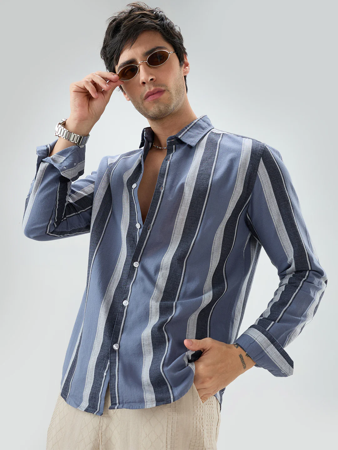 Porpoise Grey & Prussian Blue Striped Shirt - Image 6