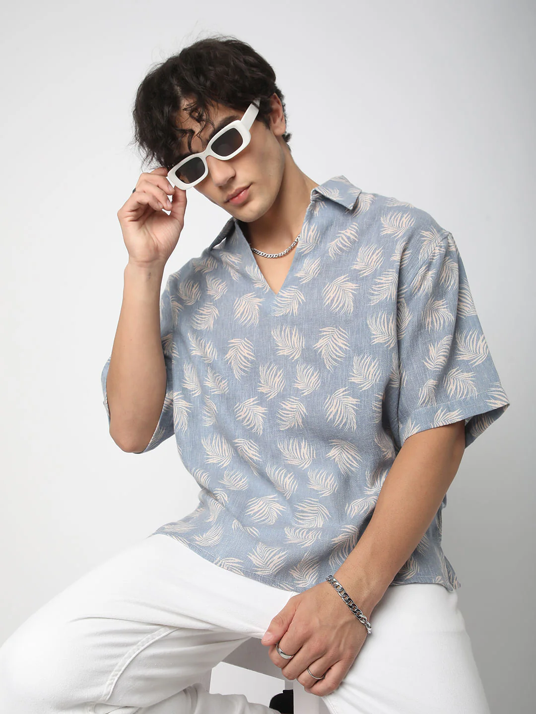 Powder Blue Coco Leaf Printed Burlap Oversized Polo Shirt - Image 2
