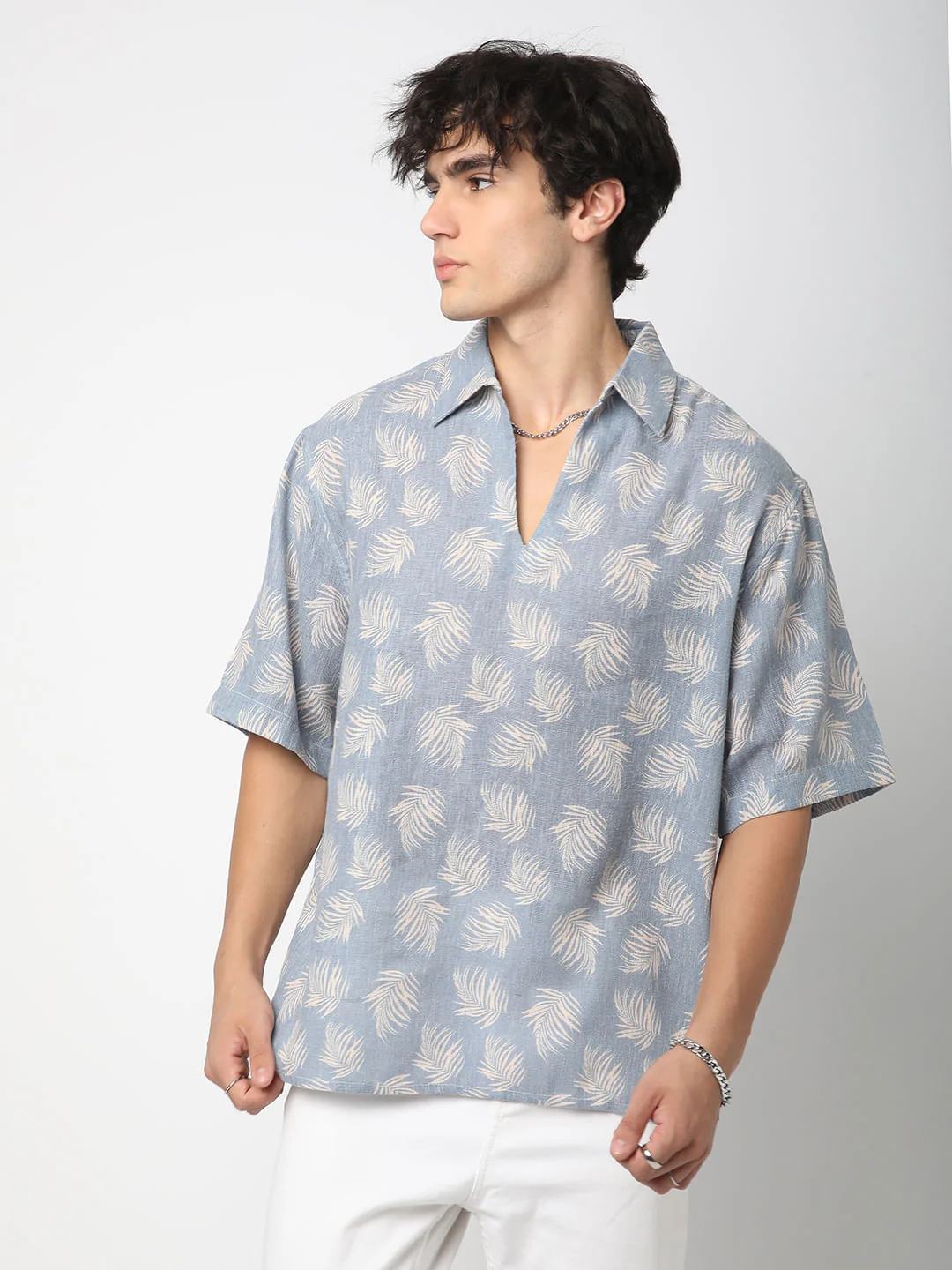 Powder Blue Coco Leaf Printed Burlap Oversized Polo Shirt - Image 5