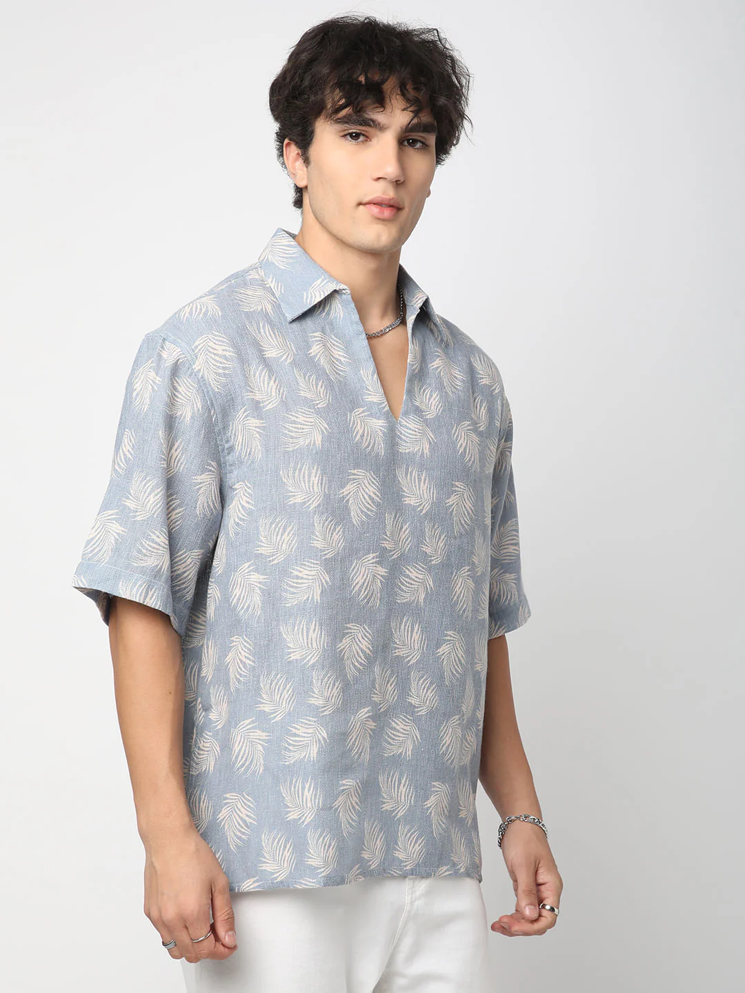Powder Blue Coco Leaf Printed Burlap Oversized Polo Shirt - Image 6