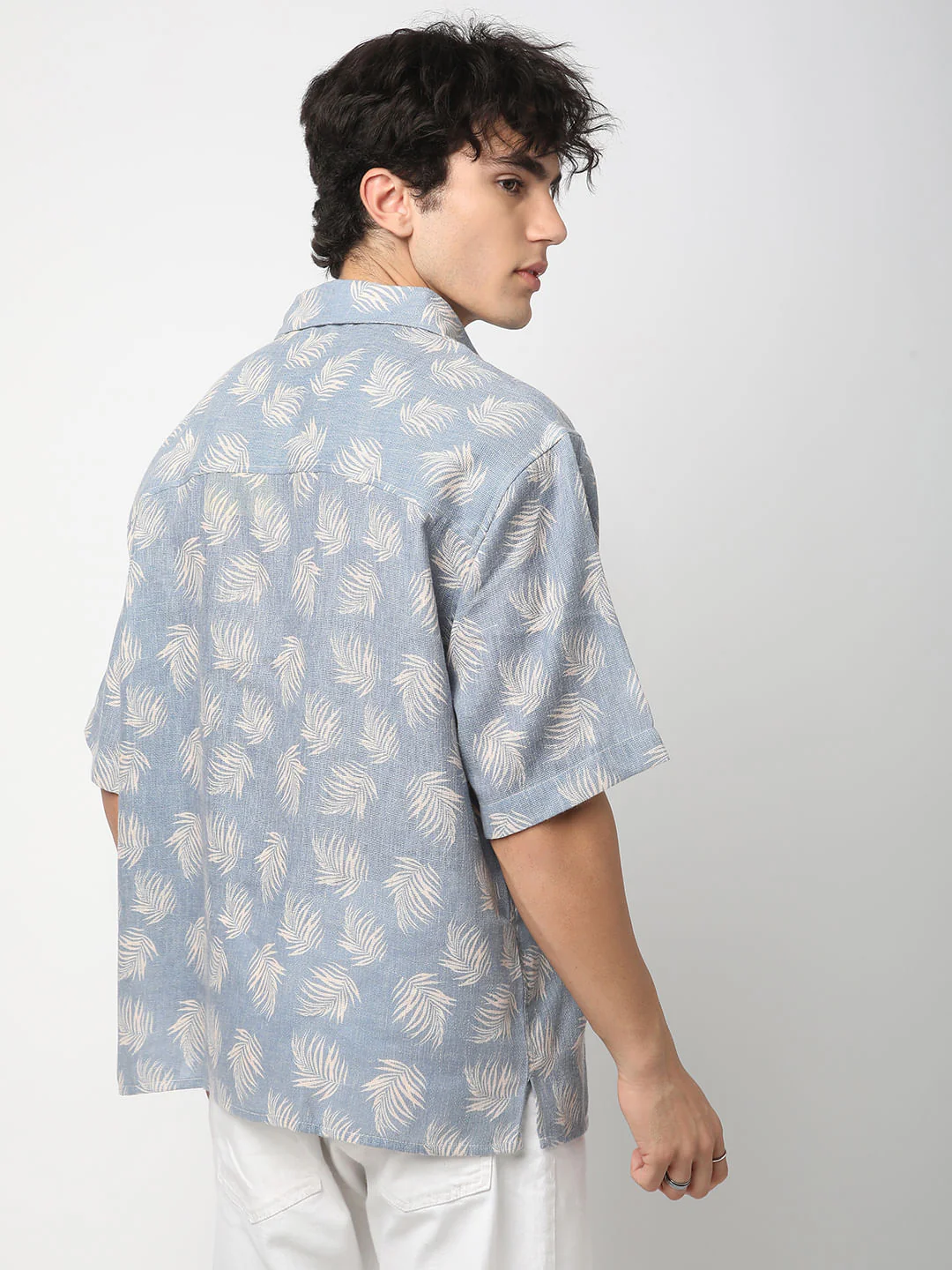 Powder Blue Coco Leaf Printed Burlap Oversized Polo Shirt - Image 7