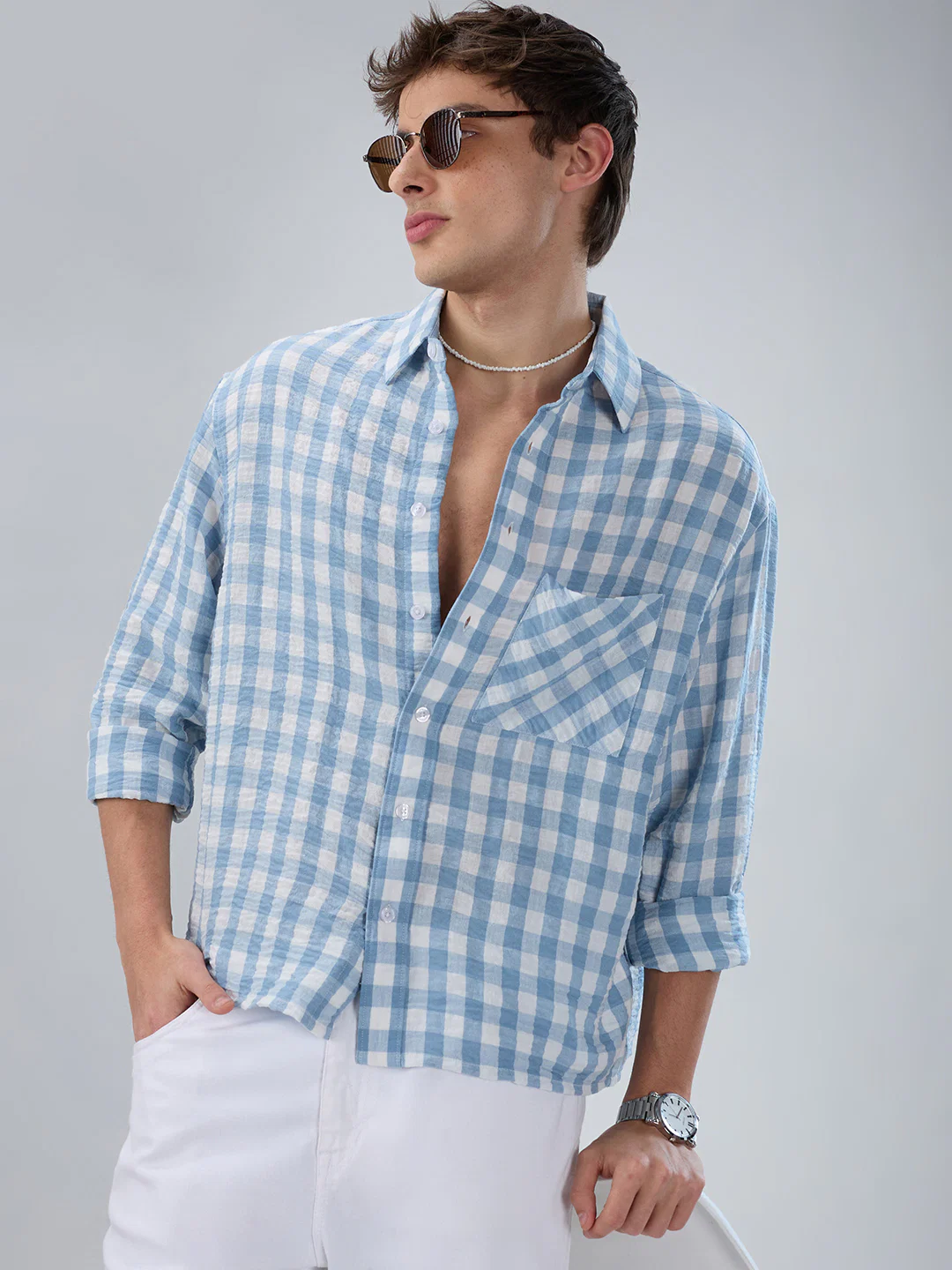 Powder Blue & White Ghingam Checks Boxy Fit Crop Shirt - Image 2