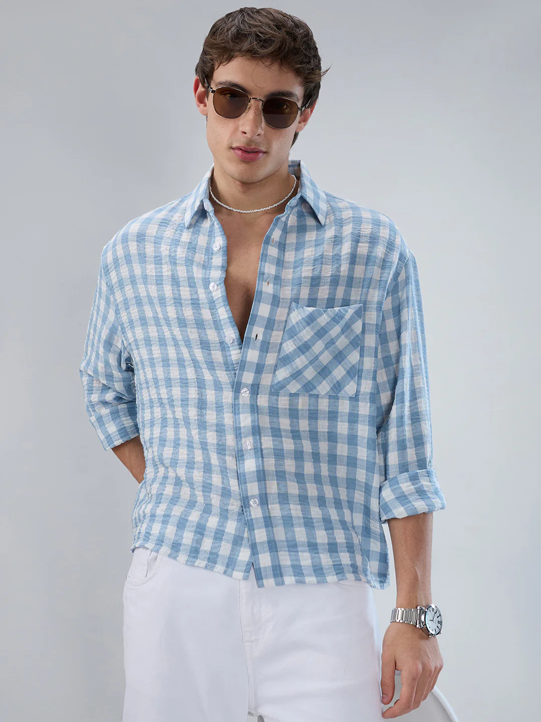 Powder Blue & White Ghingam Checks Boxy Fit Crop Shirt - Image 4