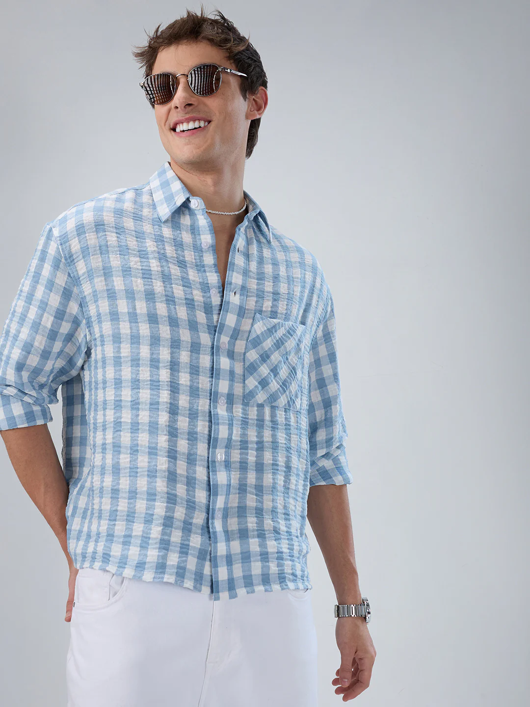Powder Blue & White Ghingam Checks Boxy Fit Crop Shirt - Image 5