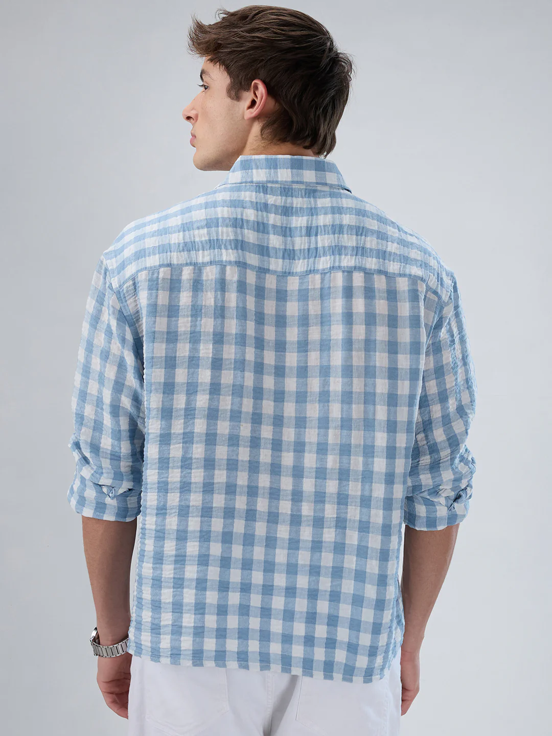 Powder Blue & White Ghingam Checks Boxy Fit Crop Shirt - Image 6