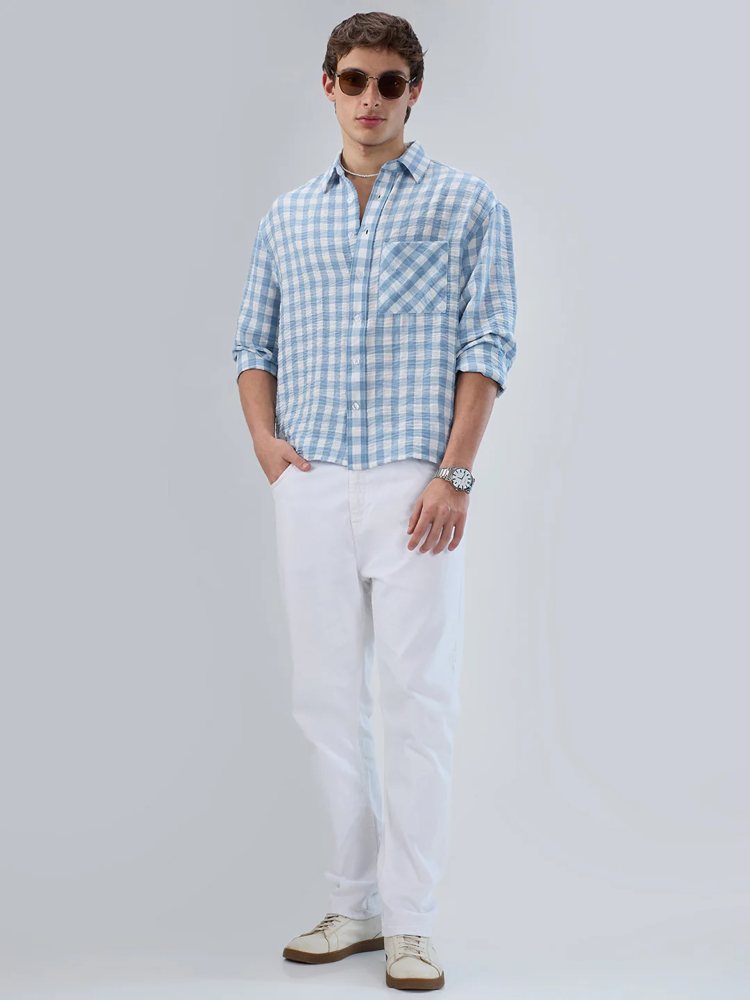 Powder Blue & White Ghingam Checks Boxy Fit Crop Shirt - Image 7