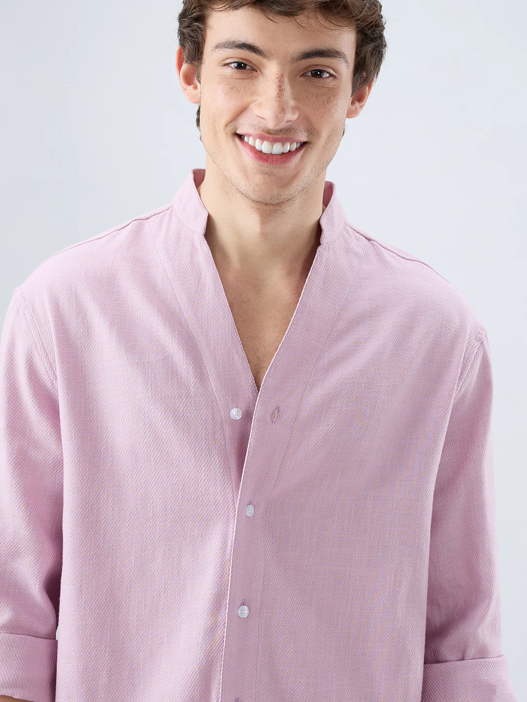 Powder Blush Pink Minimal Twill Textured Stand Collar Oversized Shirt - Image 3