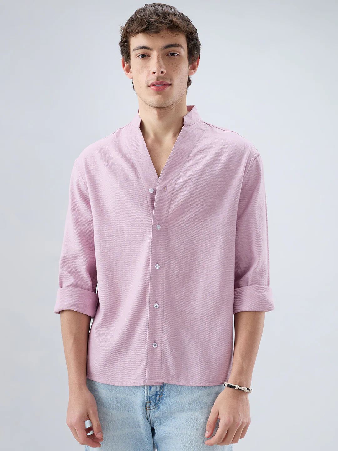 Powder Blush Pink Minimal Twill Textured Stand Collar Oversized Shirt - Image 4