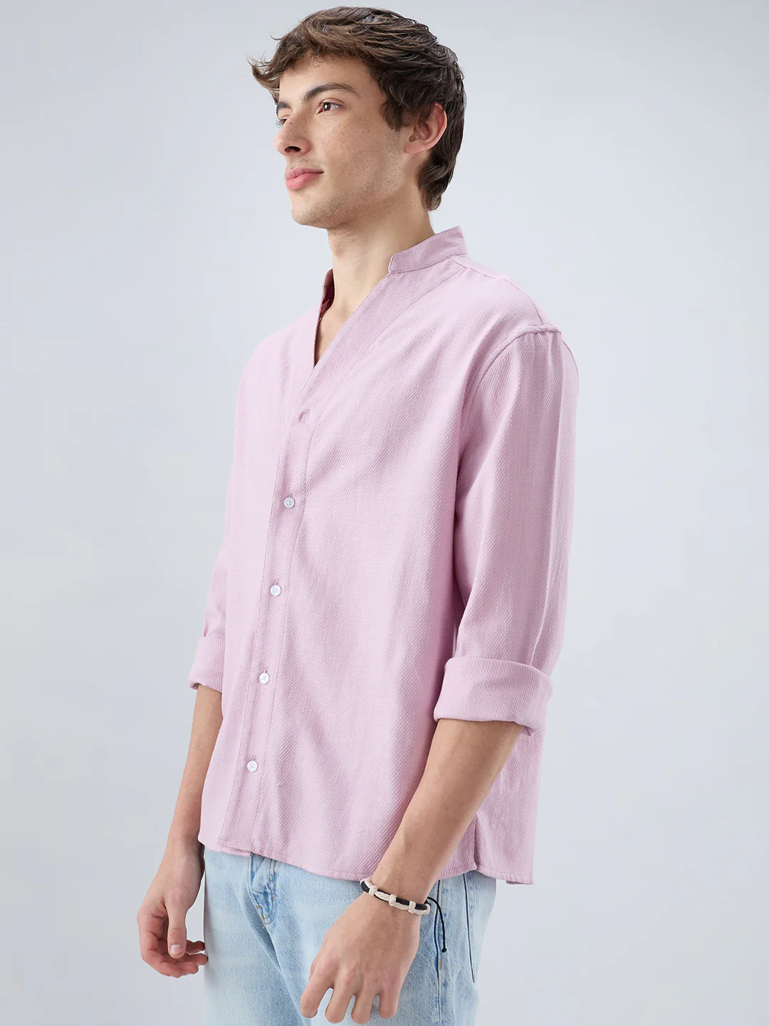 Powder Blush Pink Minimal Twill Textured Stand Collar Oversized Shirt - Image 5