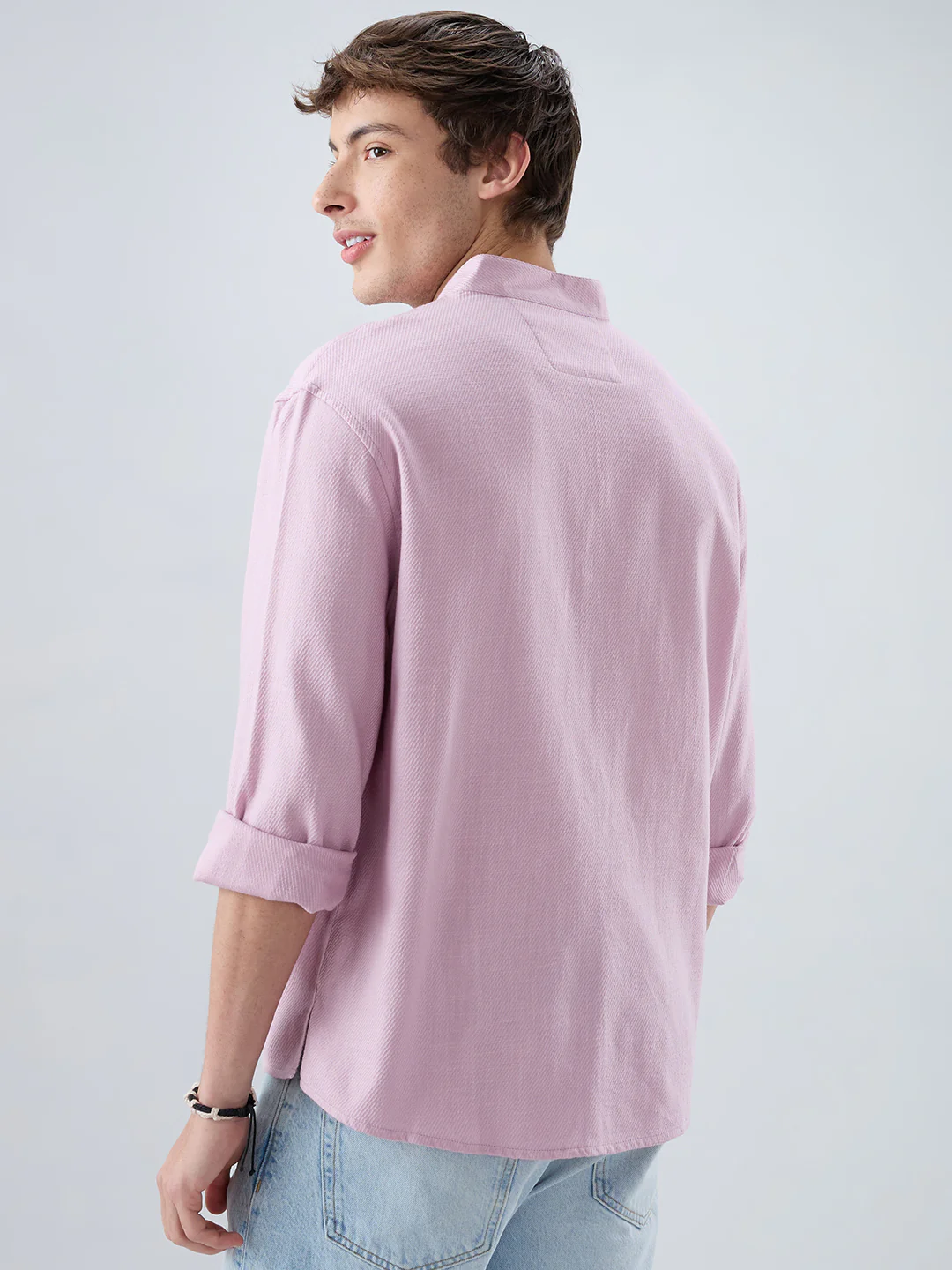 Powder Blush Pink Minimal Twill Textured Stand Collar Oversized Shirt - Image 6