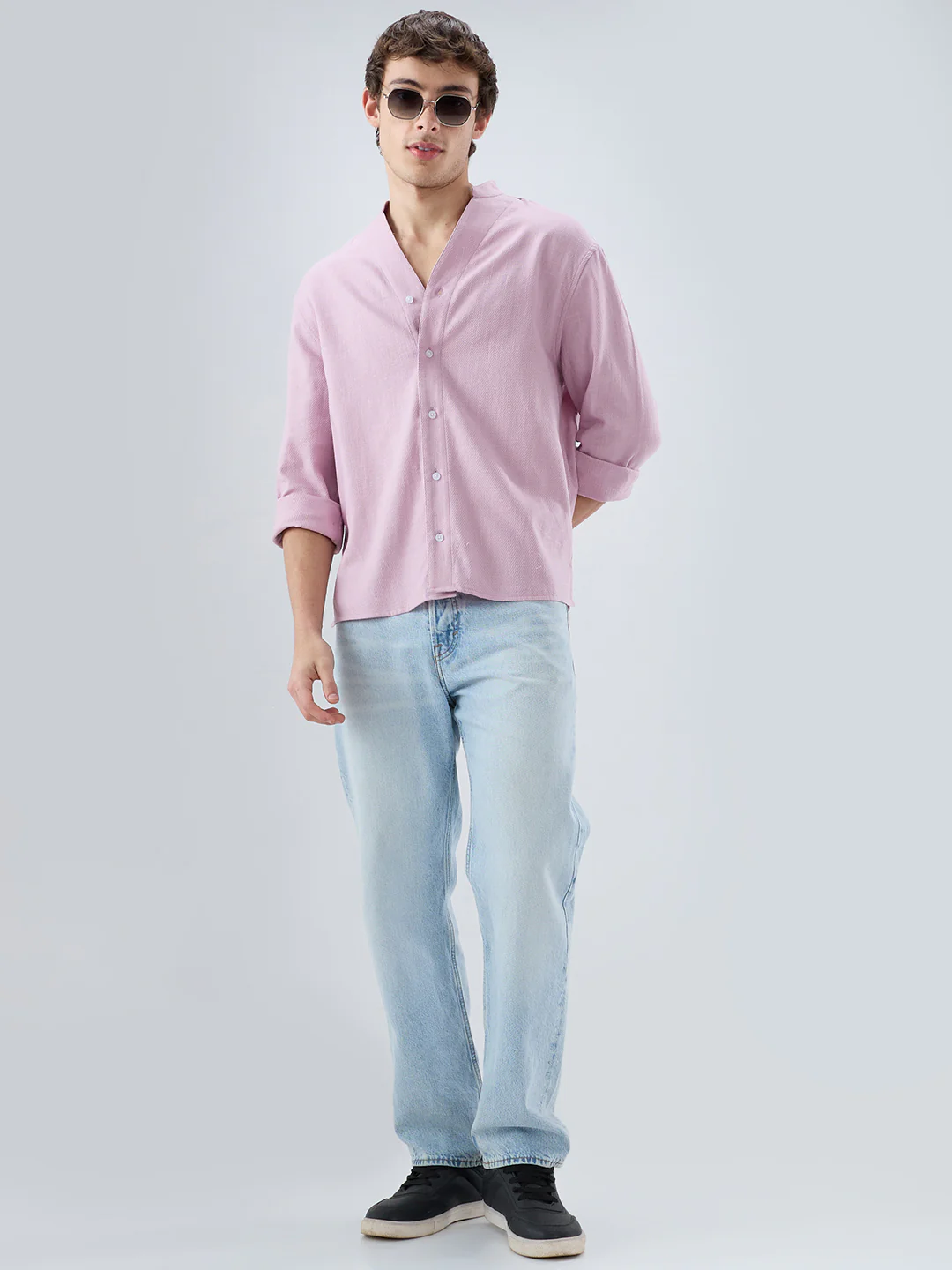 Powder Blush Pink Minimal Twill Textured Stand Collar Oversized Shirt - Image 7