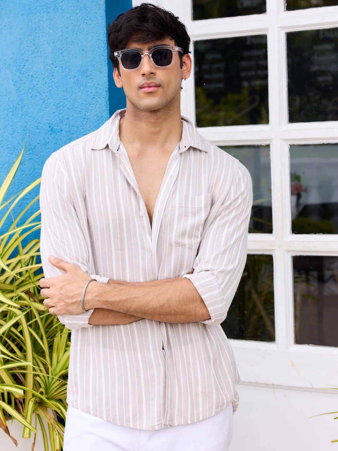 Premium Beige Awning Striped Crepe Shirt - Image 3