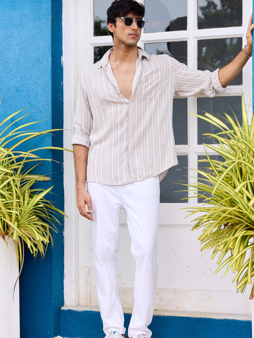 Premium Beige Awning Striped Crepe Shirt - Image 7