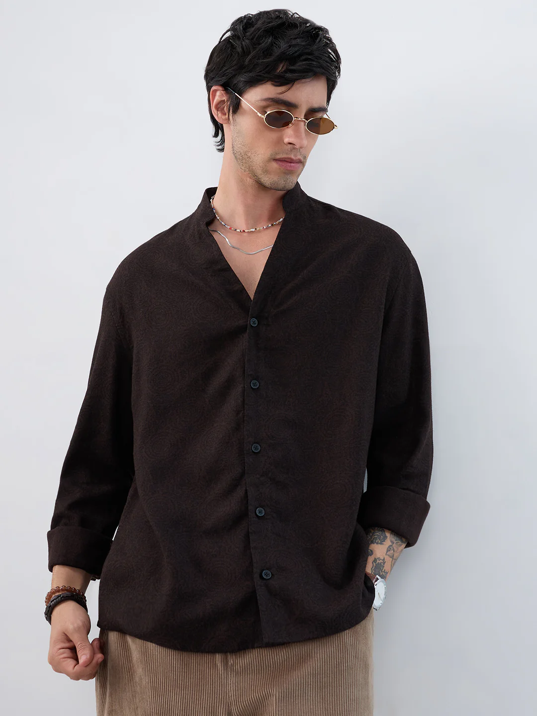 Premium Cocoa Motif Weave Linen Blend Stand-Collar Oversized Shirt - Image 2