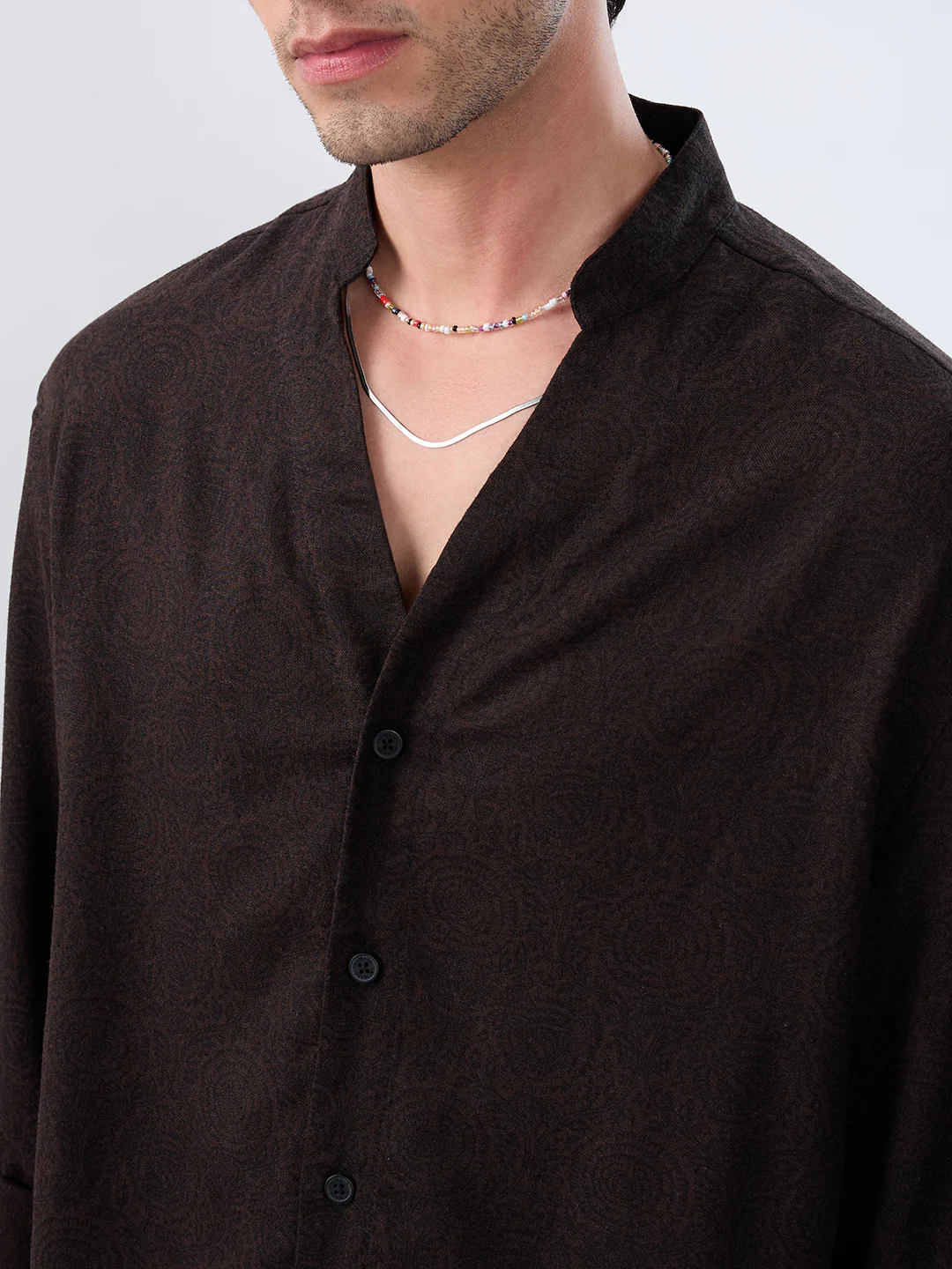 Premium Cocoa Motif Weave Linen Blend Stand-Collar Oversized Shirt - Image 3