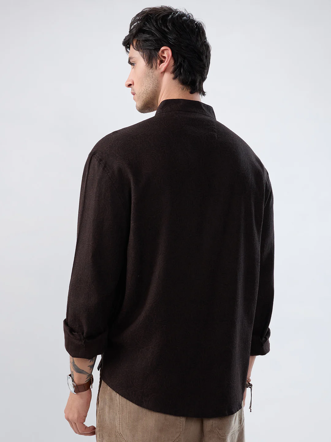 Premium Cocoa Motif Weave Linen Blend Stand-Collar Oversized Shirt - Image 6