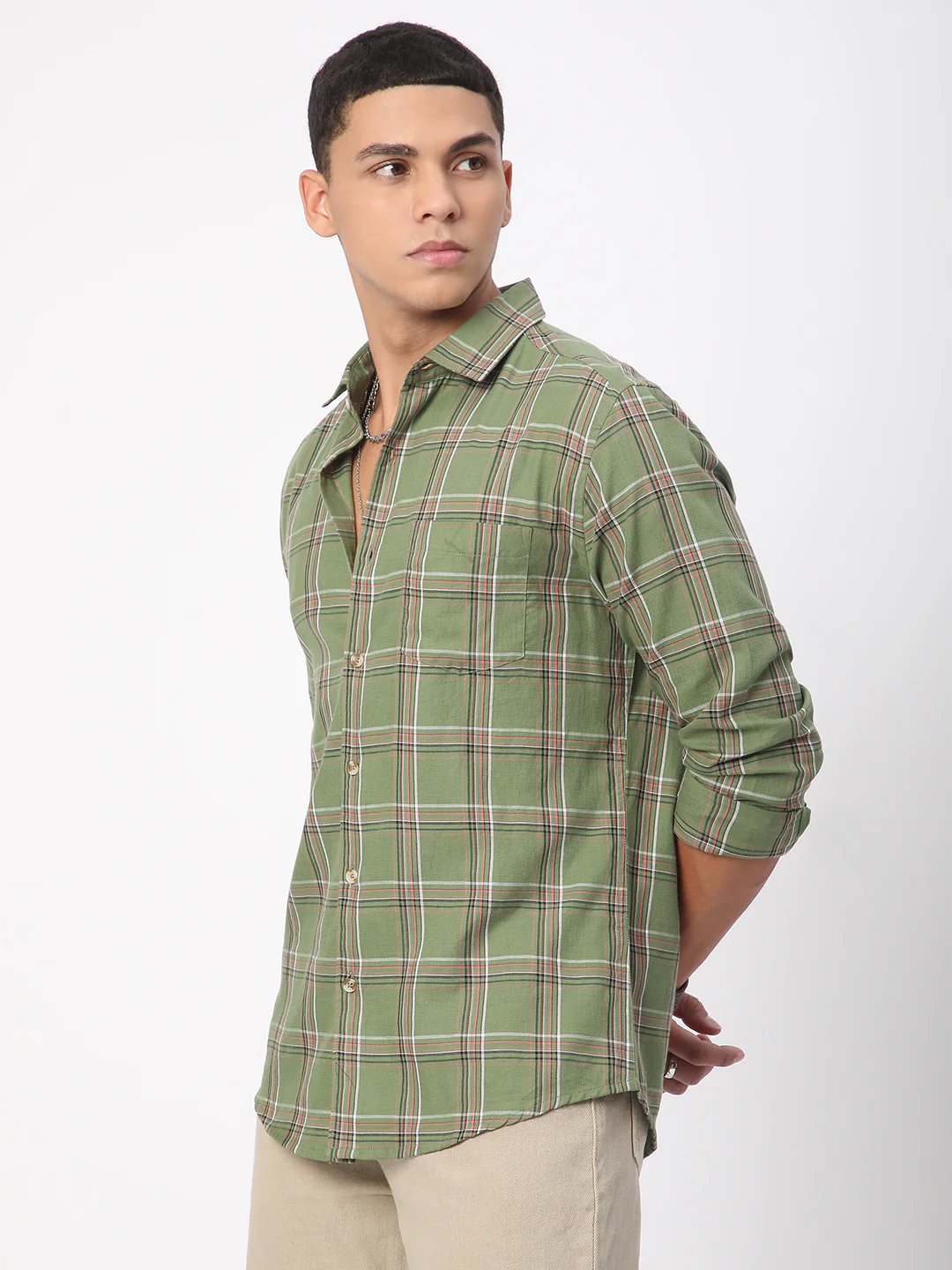 Premium Cotton Basil Green Tartan Checked Shirt - Image 5