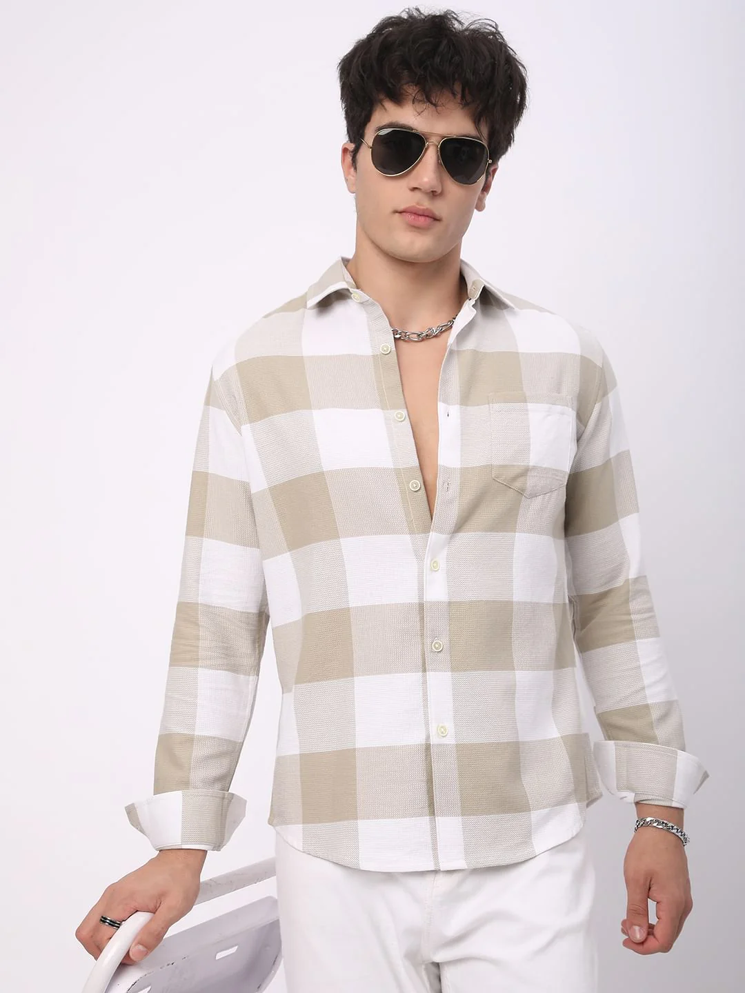 Premium Cotton Beige & White Tartan Checkered Shirt - Image 2