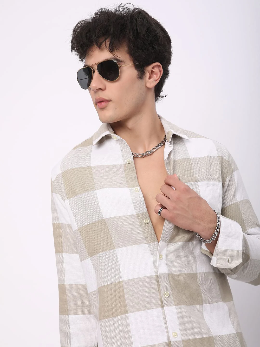 Premium Cotton Beige & White Tartan Checkered Shirt - Image 4
